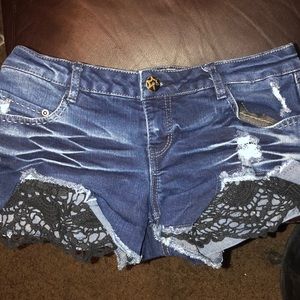 Black lace denim shorts